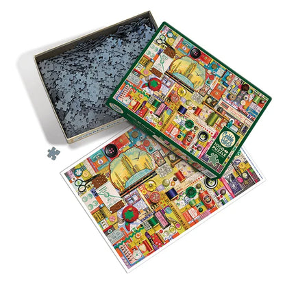 Top view of the Cobble Hill Sewing Notions 1000 Piece Jigsaw Puzzle, Poster and Box