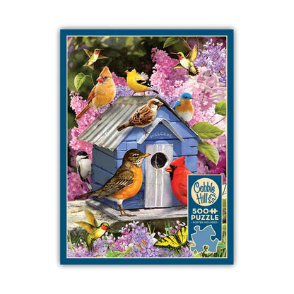 Front view of the Cobble Hill Spring Birdhouse 500 Piece Jigsaw Puzzle Box