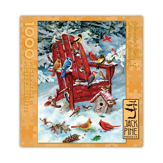 Front view of the 'Adirondack Birds' jigsaw puzzle box by Jack Pine Puzzles