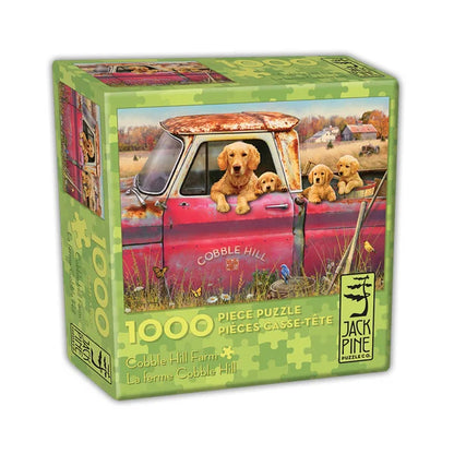 Side view of the 'Cobble Hill Farm' jigsaw puzzle box by Jack Pine Puzzles