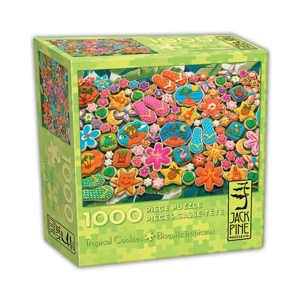 Side view of the 'Tropical Cookies' jigsaw puzzle box by Jack Pine Puzzles