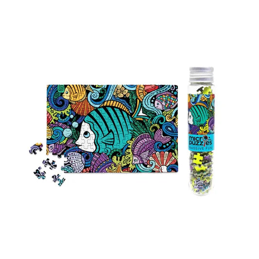 Top view of the 'Fish Doodle' jigsaw puzzle box by Micro Puzzles