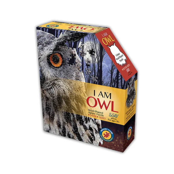 Front view of the 'I AM Owl' jigsaw puzzle box by Madd Capp Puzzles